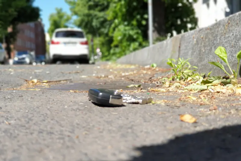 Autoschlüssel liegt auf dem Asphalt nahe dem Bordstein einer Straße mit parkendem weißen Auto im Hintergrund