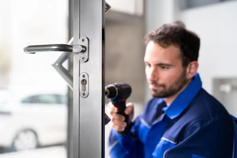 Schlüsseldienstmonteur in blauer Arbeitskleidung wechselt an einer Glastür mit Metallrahmen einen Schließzylinder und hält einen Akkuschrauber in der Hand.