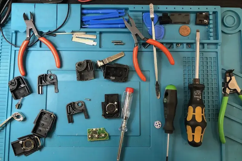 Arbeitsplatz für professionelle Autoschlüsselreparatur mit verschiedenen Schraubendrehern, Zangen, Schlüsselgehäusen und elektronischen Bauteilen auf blauem Unterlage