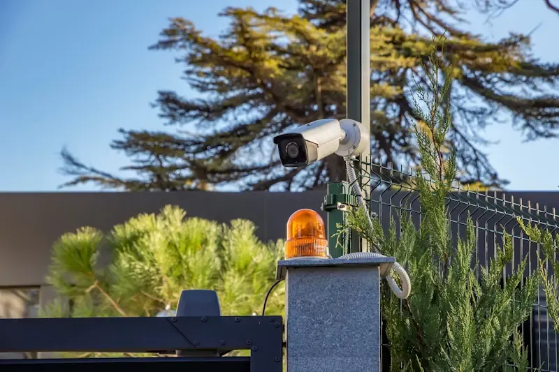 Überwachungskamera an einem Metallzaun mit orangefarbenem Warnlicht und grünen Pflanzen im Hintergrund