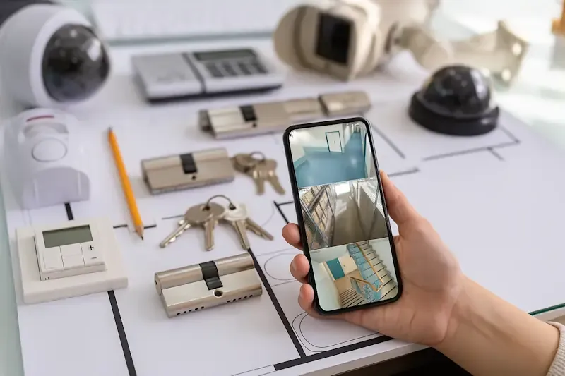 Hand hält Smartphone mit Überwachungskamera-Video vor verschiedenen Einbruchschutzkomponenten auf einem Tisch mit Grundrisszeichnung