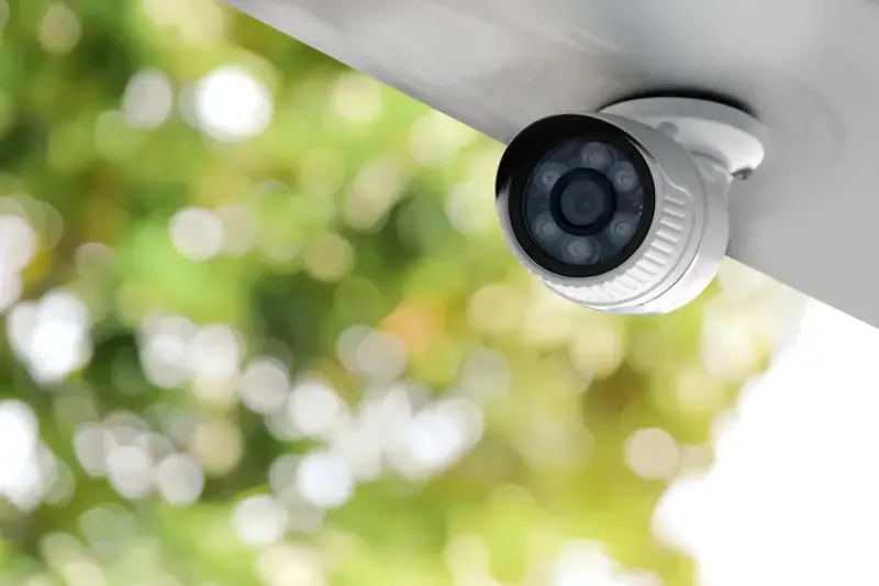 Person sitzt an einem Tisch mit technischen Zeichnungen und verschiedenen Überwachungskameras sowie Sicherheitssensoren und hält einen Stift und ein Tablet mit Sicherheitsbildern