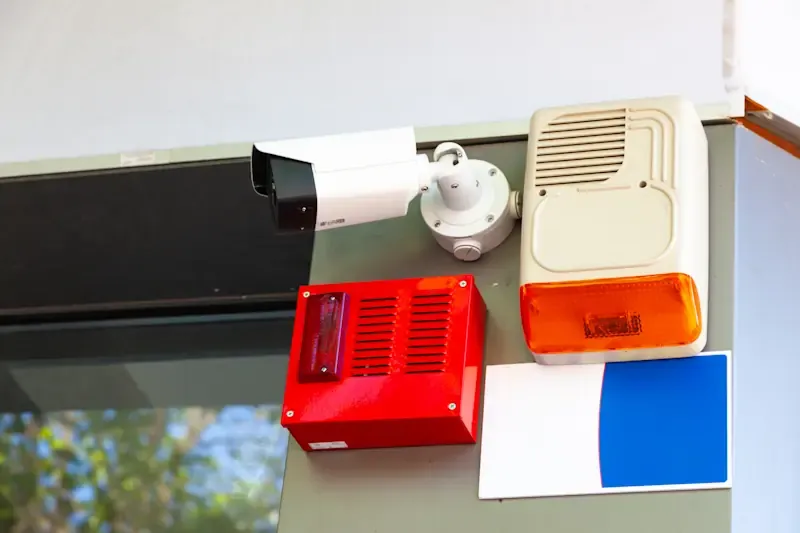 Überwachungskamera, rote und weiße Alarmanlage an einer Gebäudeecke montiert