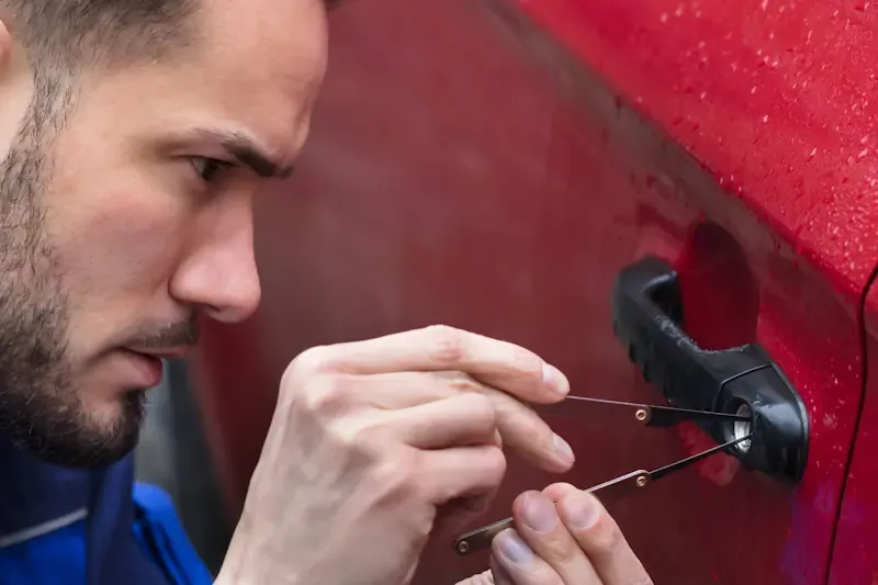 Nahaufnahme eines Mannes in blauem Overall, der mit Werkzeug die Tür eines roten Autos öffnet