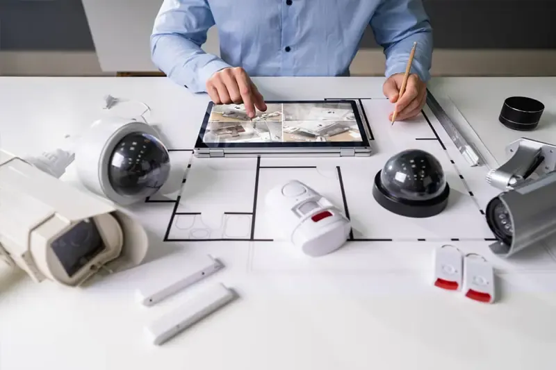 Person sitzt an einem Tisch mit technischen Zeichnungen und verschiedenen Überwachungskameras sowie Sicherheitssensoren und hält einen Stift und ein Tablet mit Sicherheitsbildern
