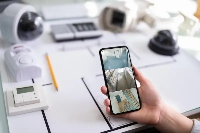 Person sitzt an einem Tisch mit technischen Zeichnungen und verschiedenen Überwachungskameras sowie Sicherheitssensoren und hält einen Stift und ein Tablet mit Sicherheitsbildern