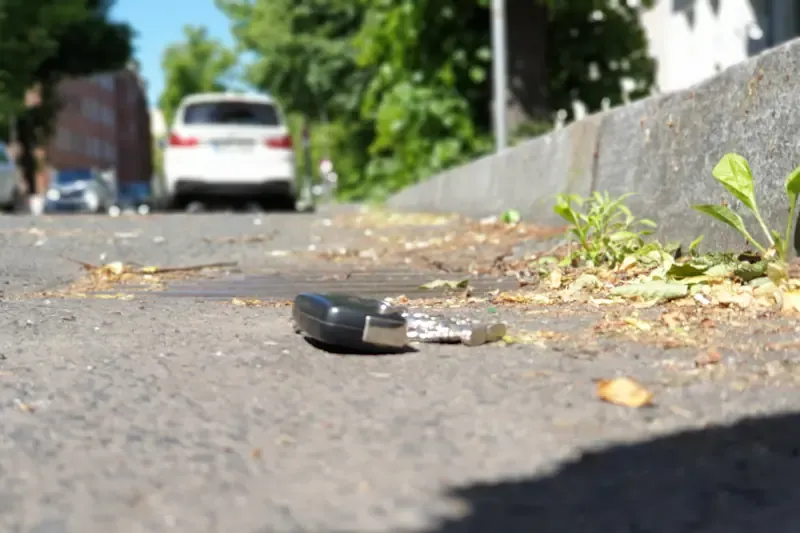 Autoschlüssel liegt auf dem Asphalt nahe dem Bordstein einer Straße mit parkendem weißen Auto im Hintergrund