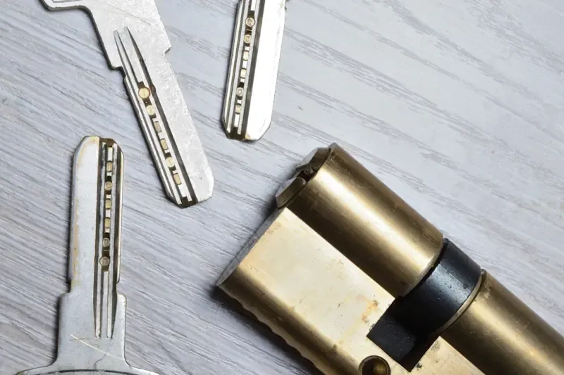 Nahaufnahme eines goldfarbenen Sicherheitsschließzylinders und mehrerer dazugehöriger Schlüssel auf hellem Untergrund